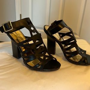 Vince Camuto black cage sandals with gold buckle size 8 1/2